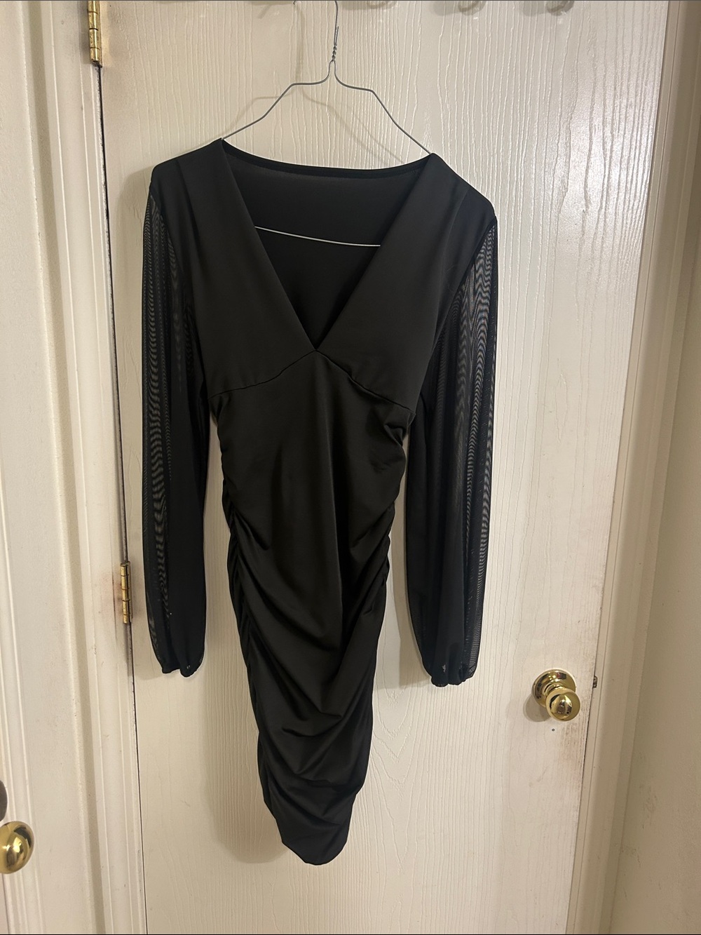 Macy's Black Long-Sleeve Ruched V-Neck Sheer Sleeve Dress